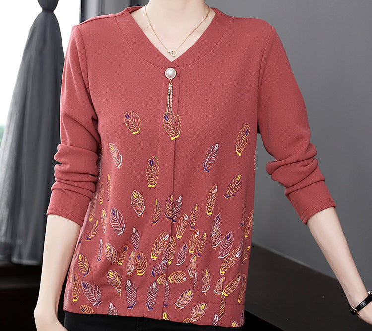 Long Sleeve Top for Women — Loose V Neck Style with Feather Print in Soft Cotton