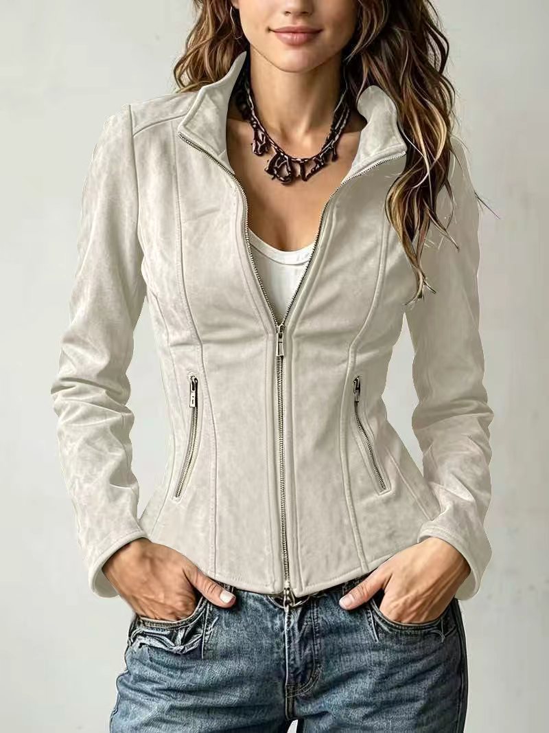 Women's fitted suede-style stand-collar zip jacket with front pockets, off-white