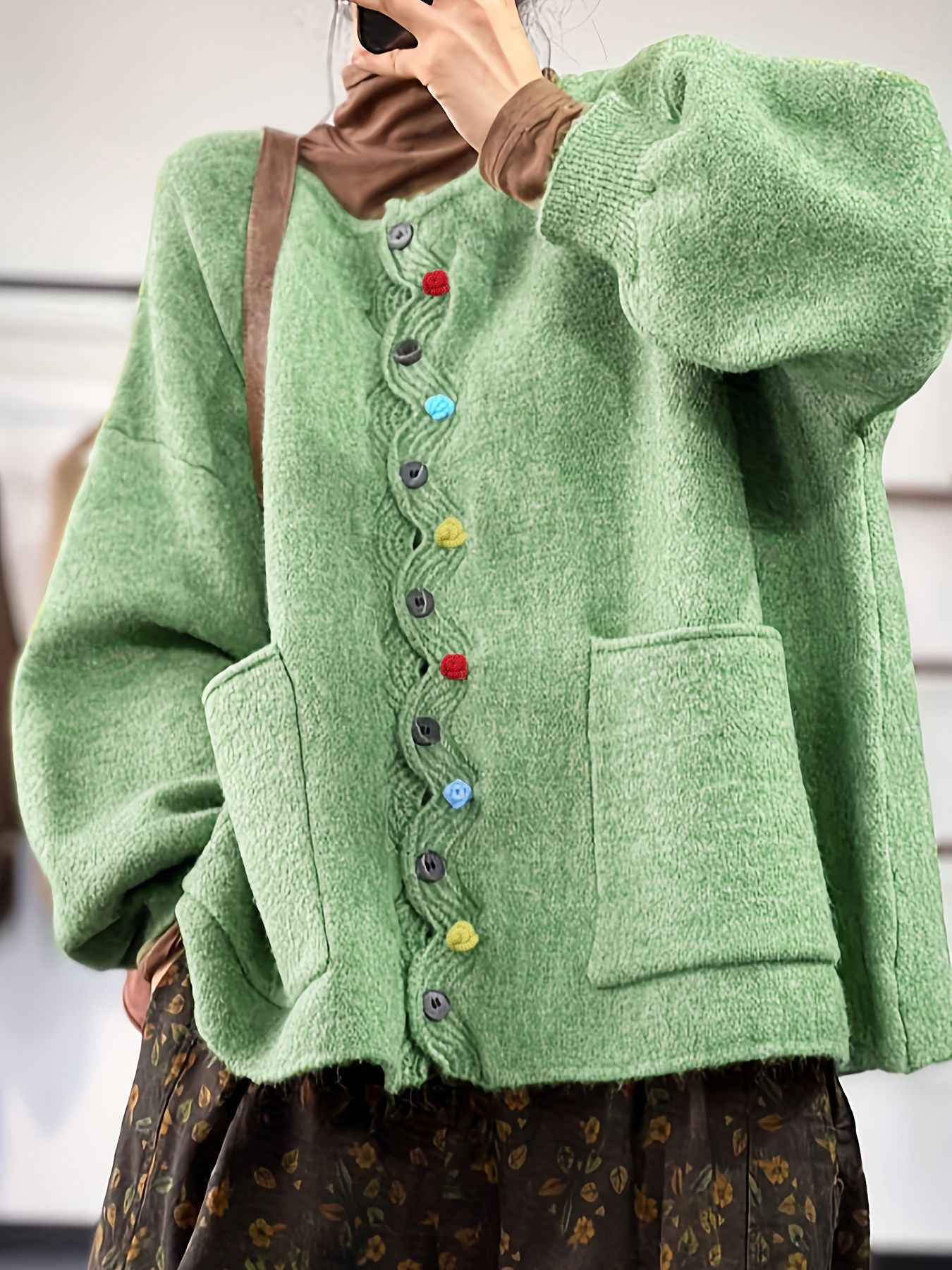 Cropped Cardigan for Women — Button Front Boxy Knit with Patch Pockets in Soft Wool