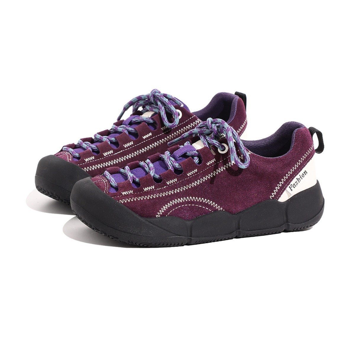 Purple platform hiking shoes with purple lace-up front and black thick sole