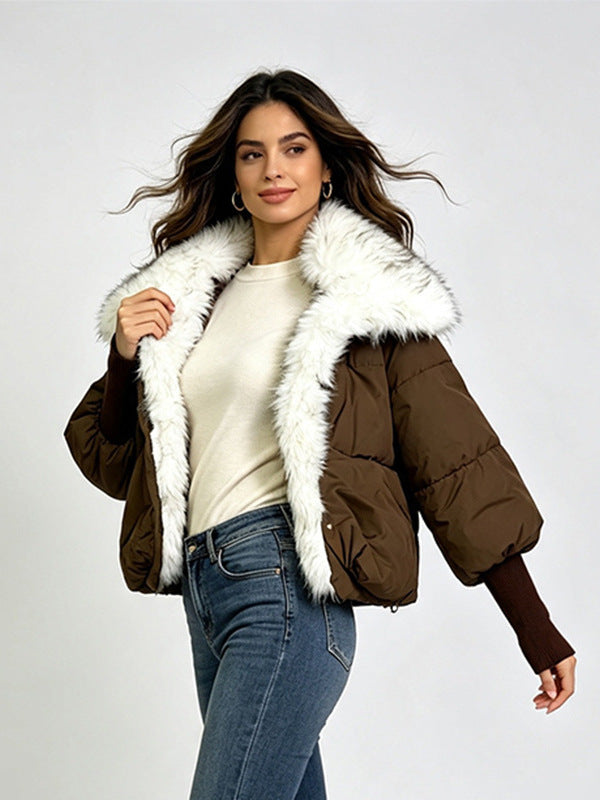 Women's short cotton jacket, dark khaki with white faux fur-trimmed collar, zip front