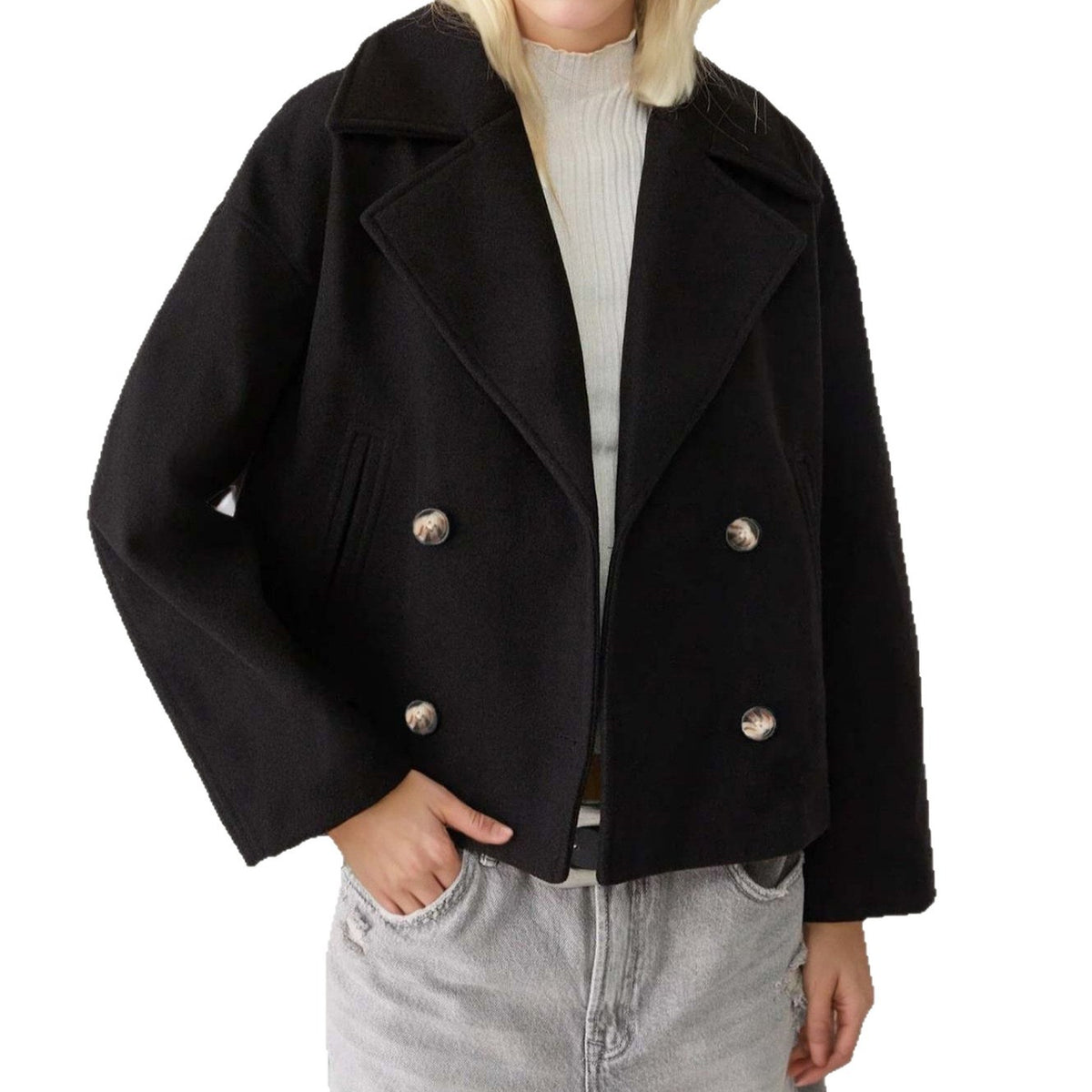 Black double-breasted short wool jacket with notched lapels and silver button front