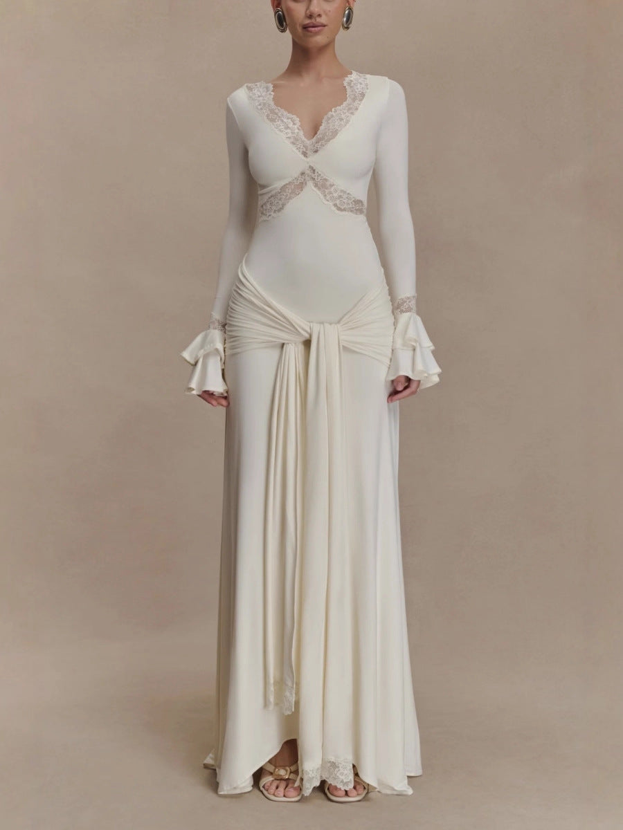 Lace Maxi Dress with Long Sleeves — Elegant V Neck Occasion Gown in Soft Jersey