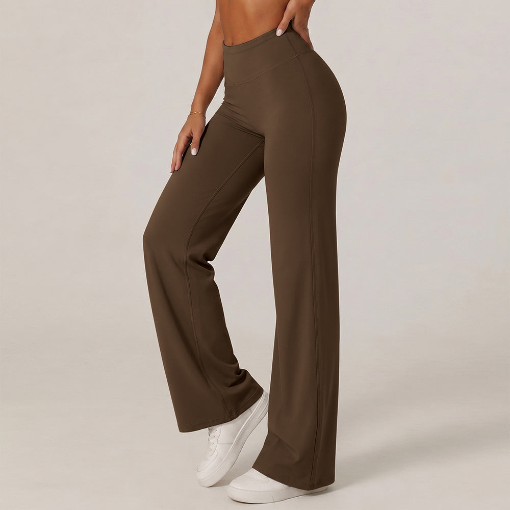 Brown high-waisted wide-leg yoga pants with straight fit and long wide hems