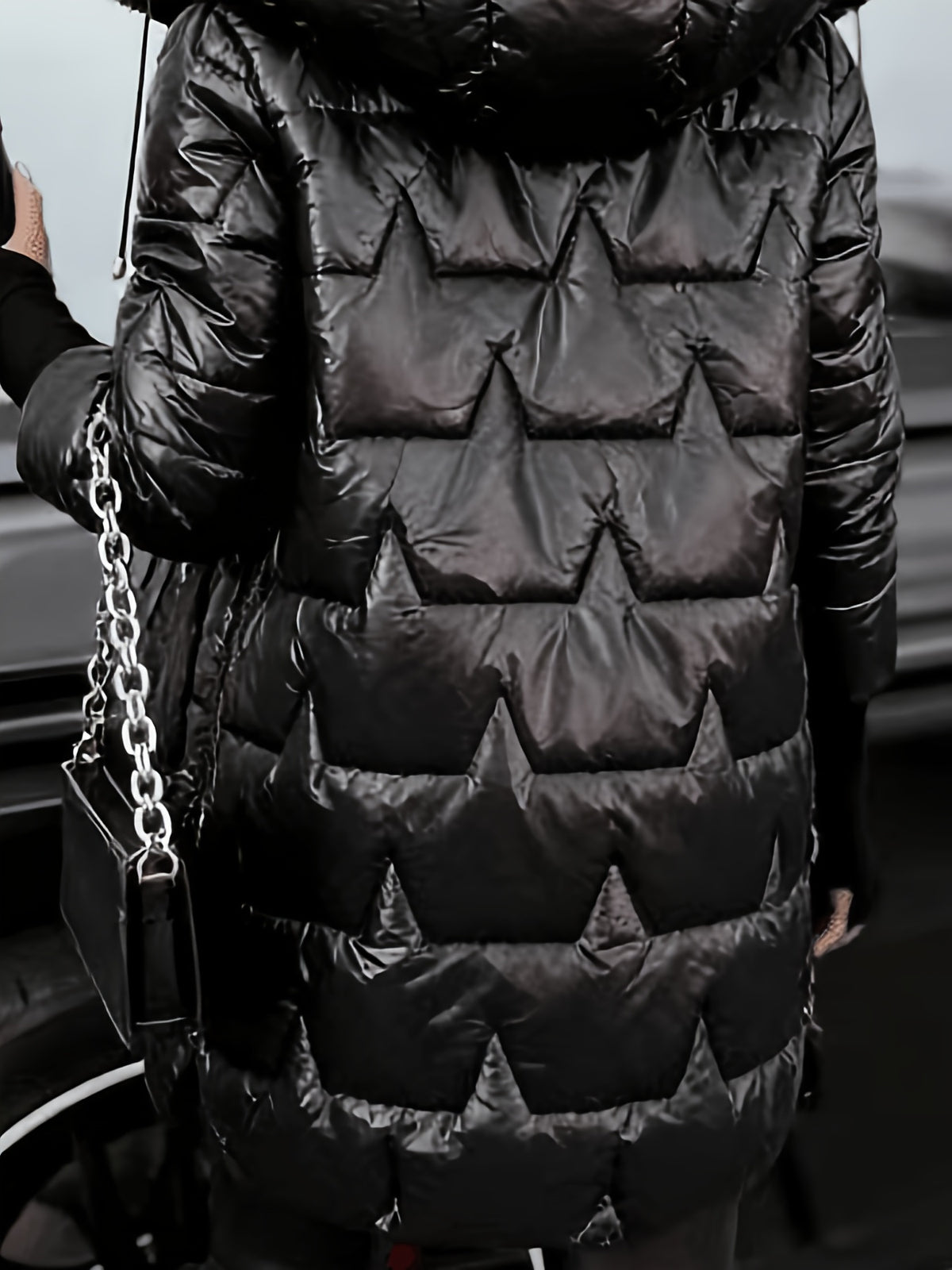 Long Puffer Coat for Women — Hooded Mid Length Quilted Warmth in Glossy Nylon