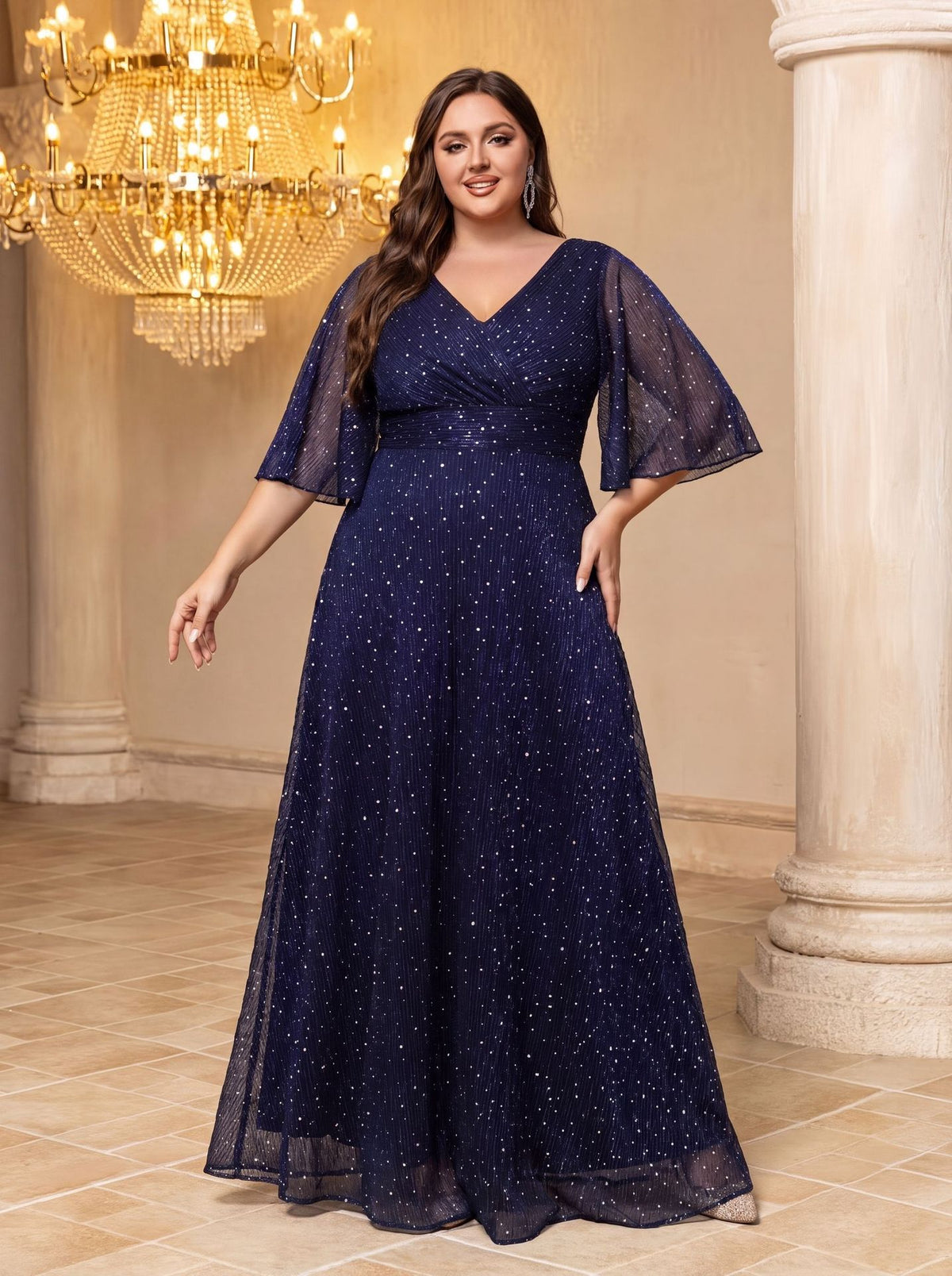 Navy blue V-neck sequin evening dress with waist tie and short bell sleeves