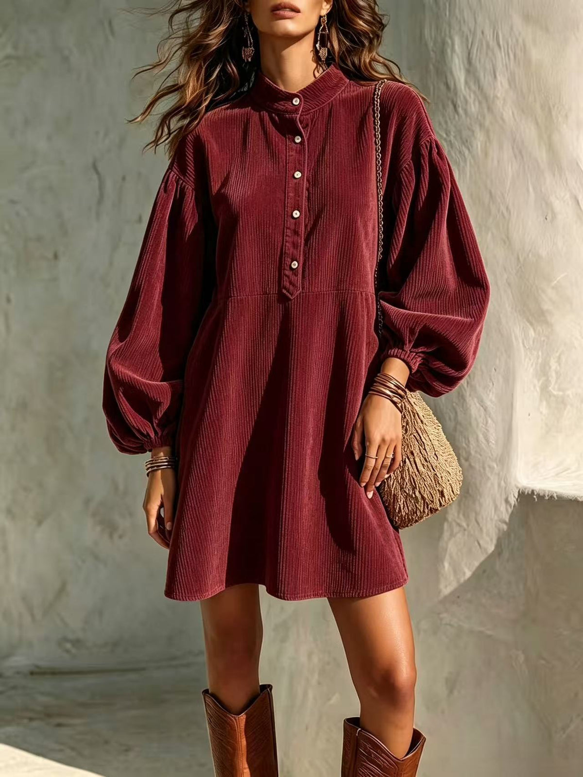 Wine red corduroy dress with stand-up collar, button-front, and lantern sleeves
