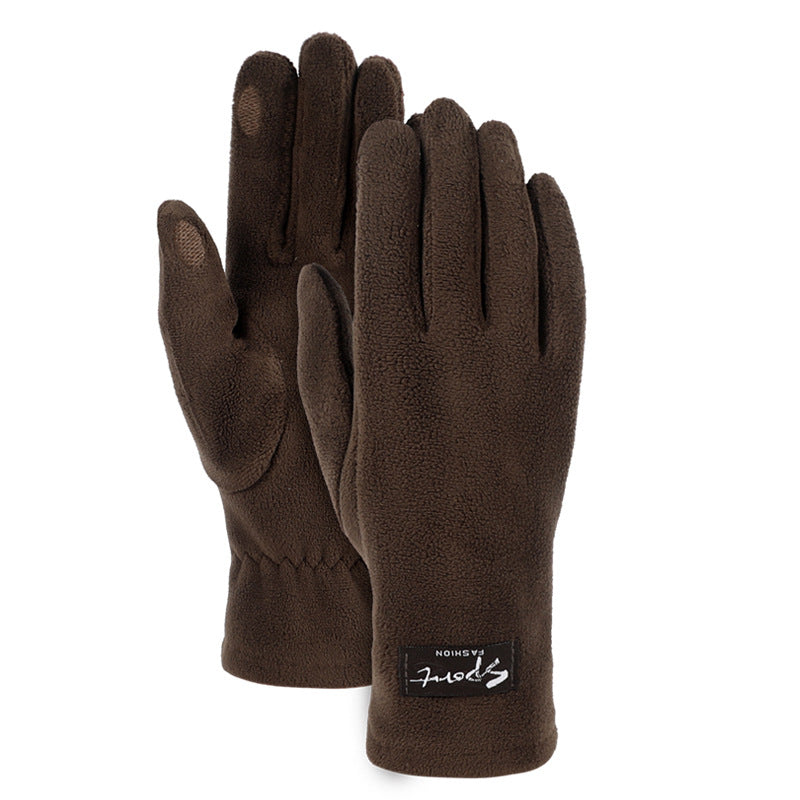 Brown fleece-lined warm gloves with textured fingers and soft knit cuff trim