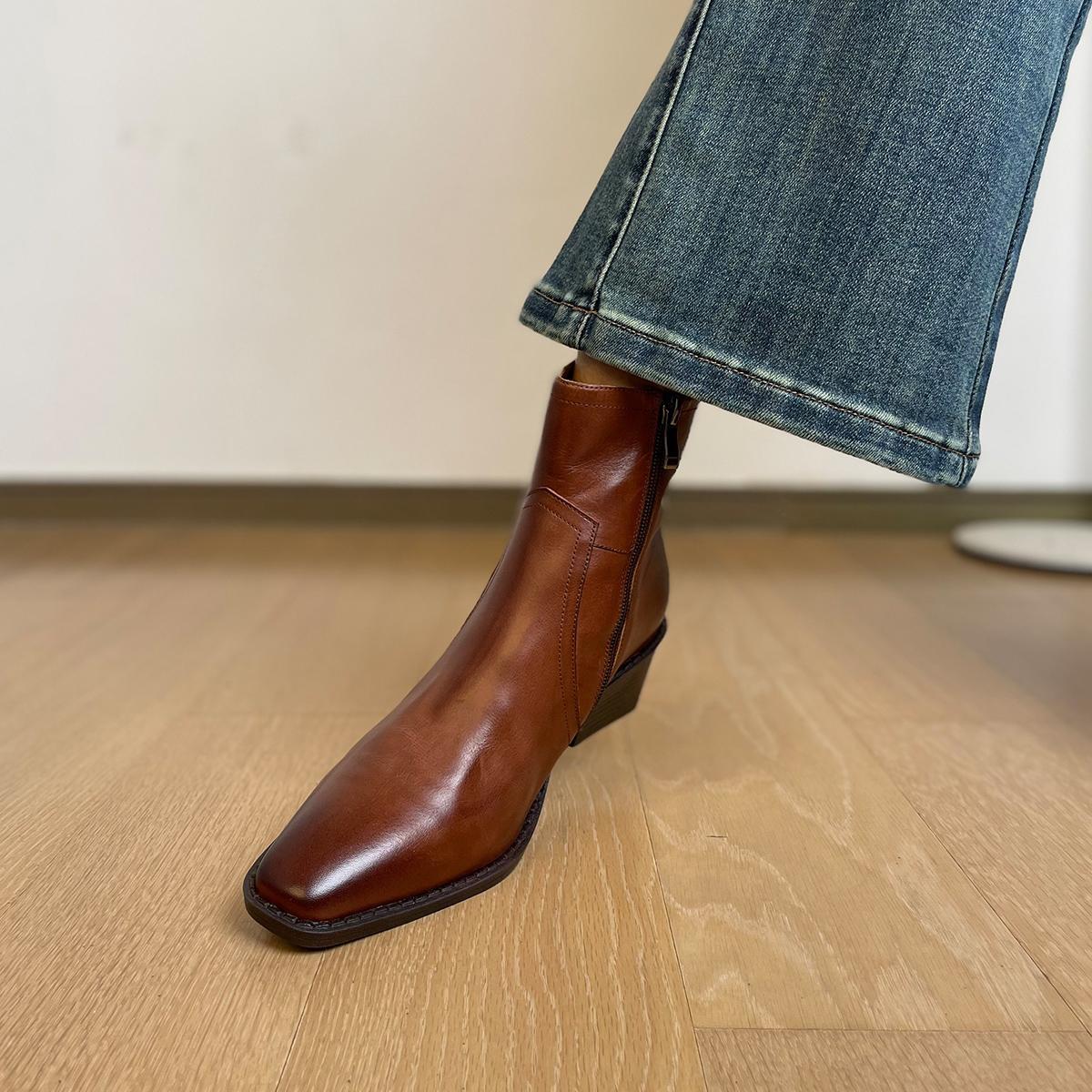 Women's dark brown leather ankle boots with square toe and stacked block heel, back zip
