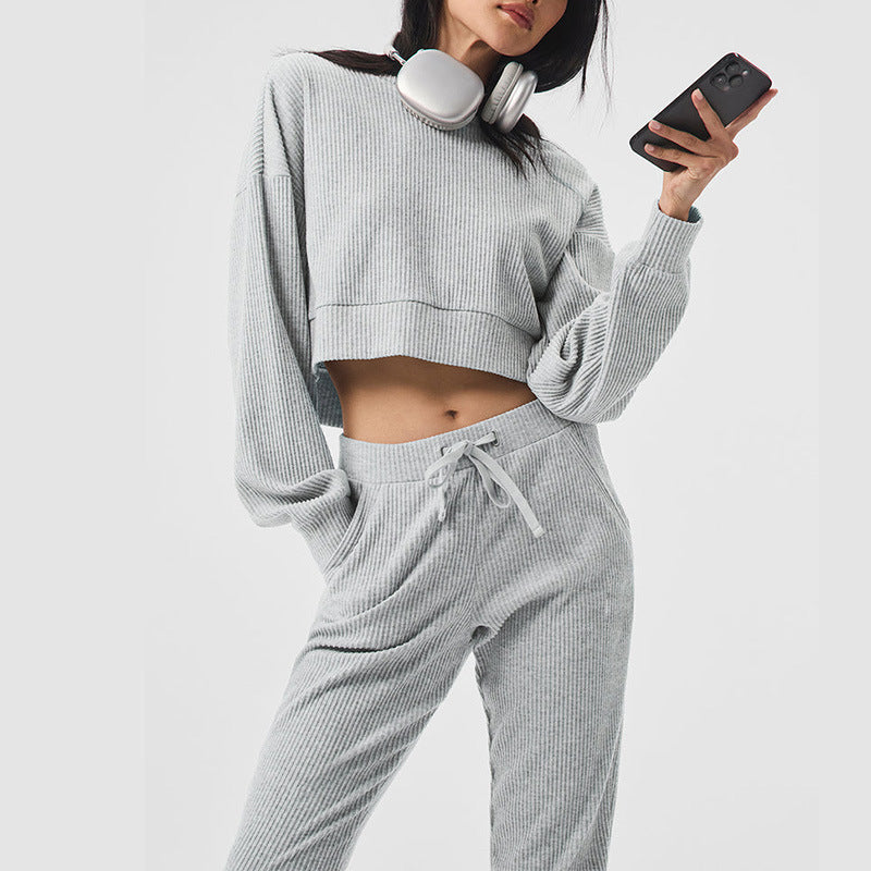 Gray corduroy hooded pullover sweater and matching jogger pants, long sleeves