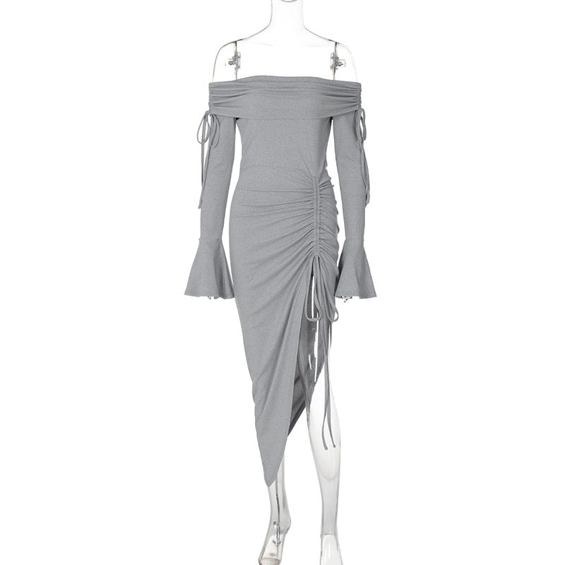 Off Shoulder Midi Dress — Ruched Bodycon with Asymmetric High Slit in Soft Jersey