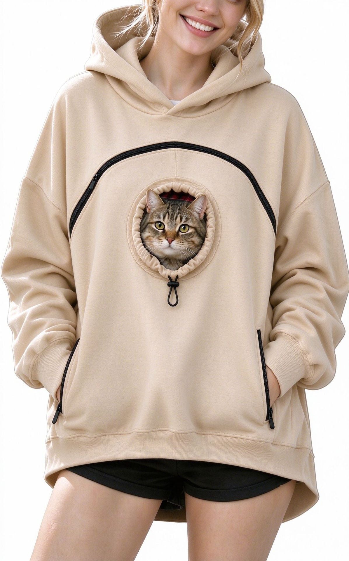 Khaki hooded sweatshirt with cat graphic, kangaroo pocket, and drawstring hood