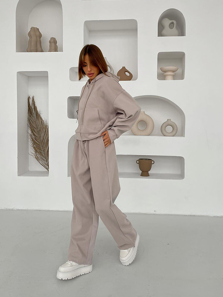 Women's taupe-gray zip-hooded cardigan and jogger pants set with drawstring waist