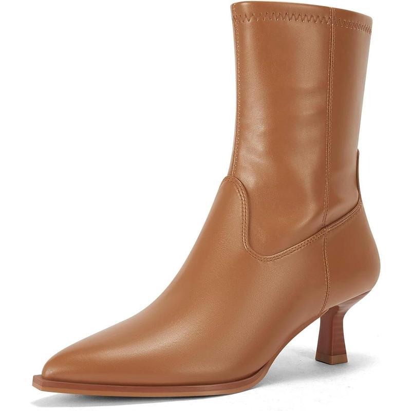 Pointed Toe Ankle Boots for Women — Kitten Heel Sock Fit with Side Zip in Faux Leather