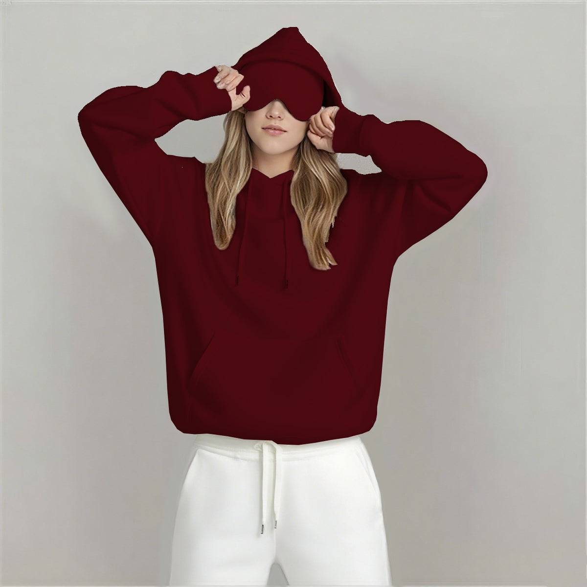 Oversized pullover hoodie with hood and front pocket, burgundy