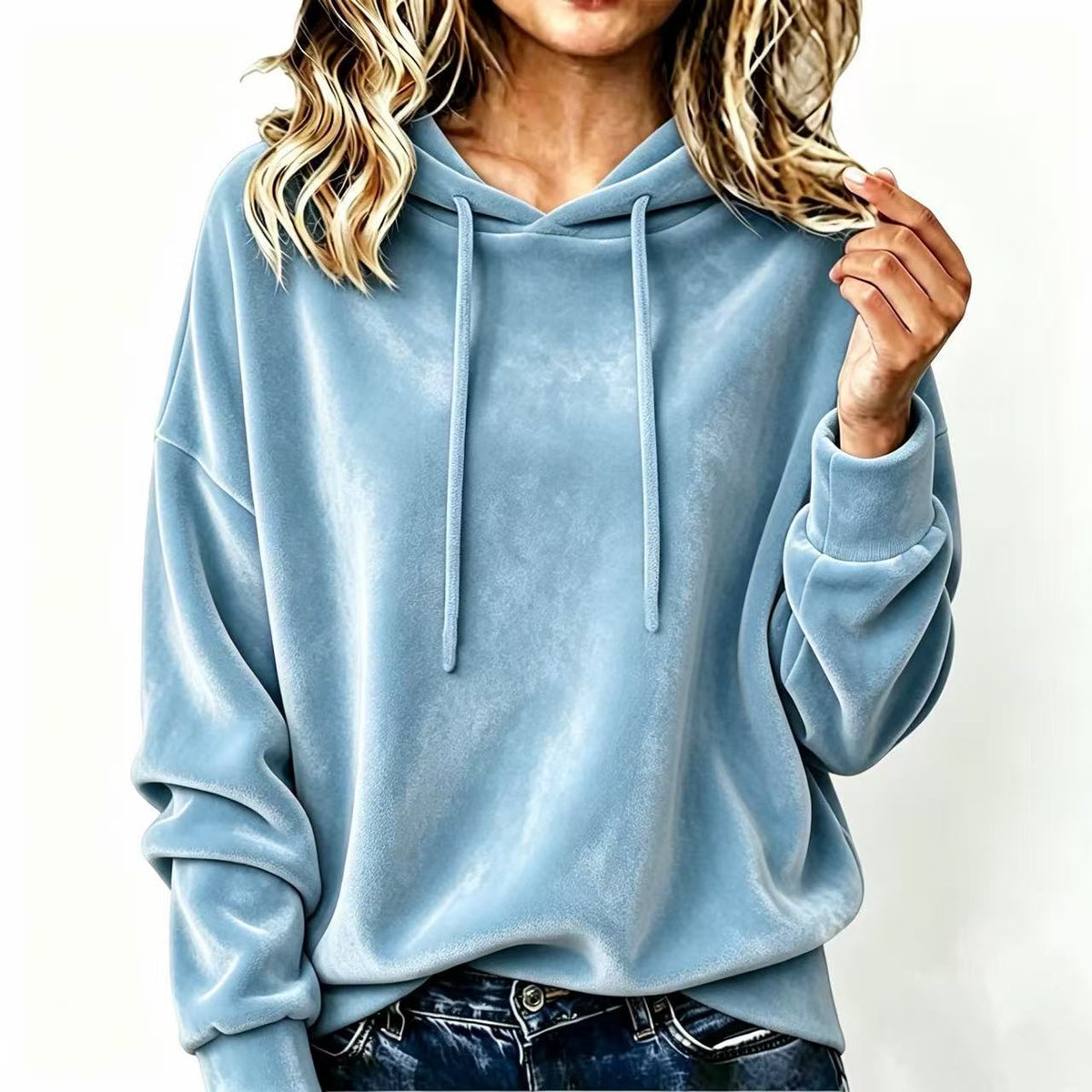 Women's corduroy hoodie with drawstring hood, long sleeves, light blue