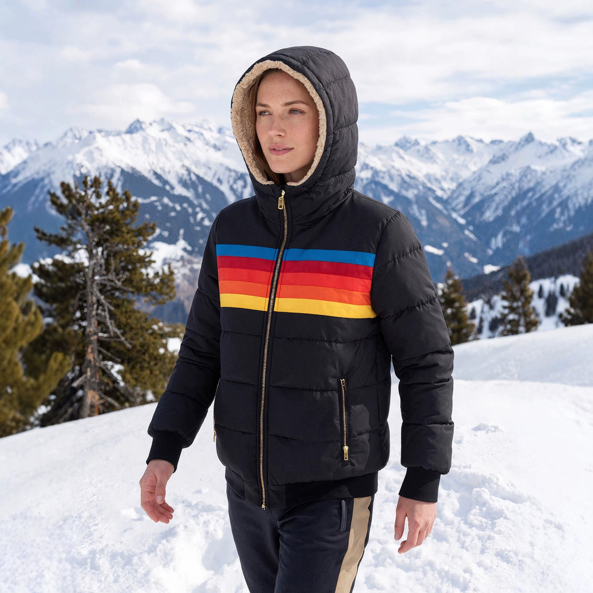 Black hooded puffer jacket with multicolor horizontal stripe across chest and side pockets