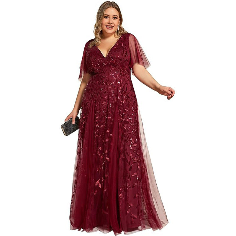 Wine red sequined mesh evening dress, V-neck bodice, short sheer sleeves, mermaid flare