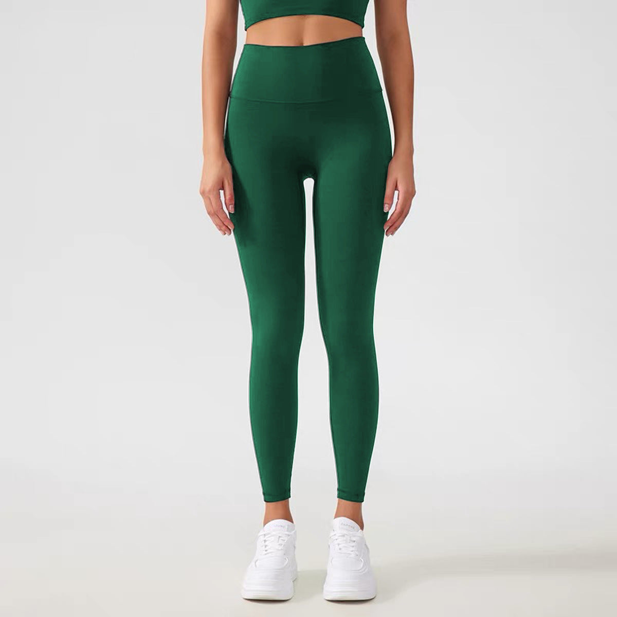 Women's green high-waist tummy control running leggings, full-length skinny fit