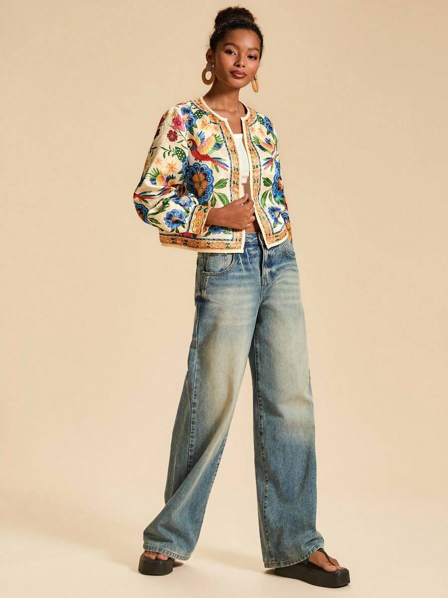 Women’s short floral jacket cardigan, multicolor print with long sleeves and banded trim
