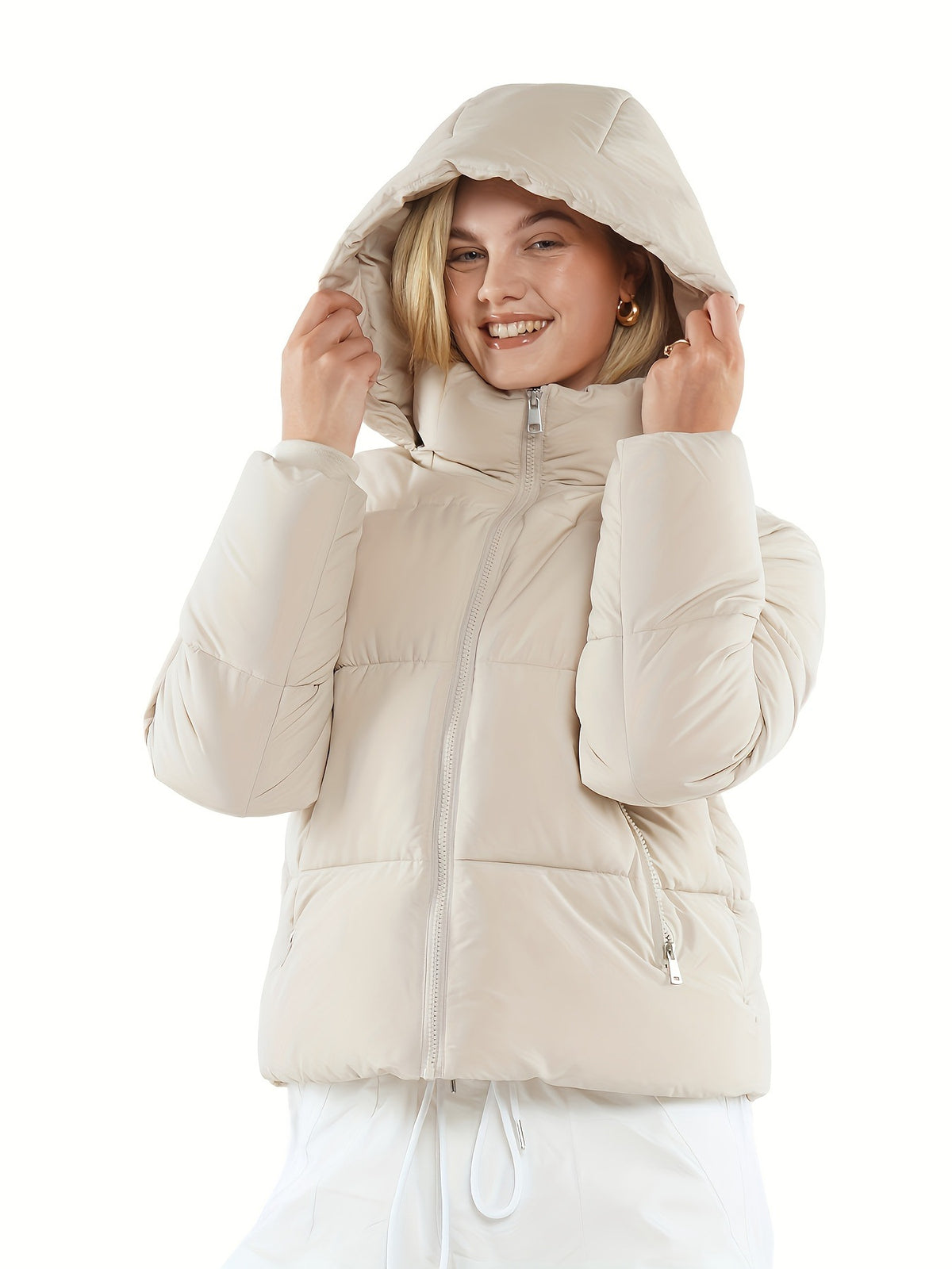 Off-white hooded windproof puffer coat with front zip, stand collar, side pockets