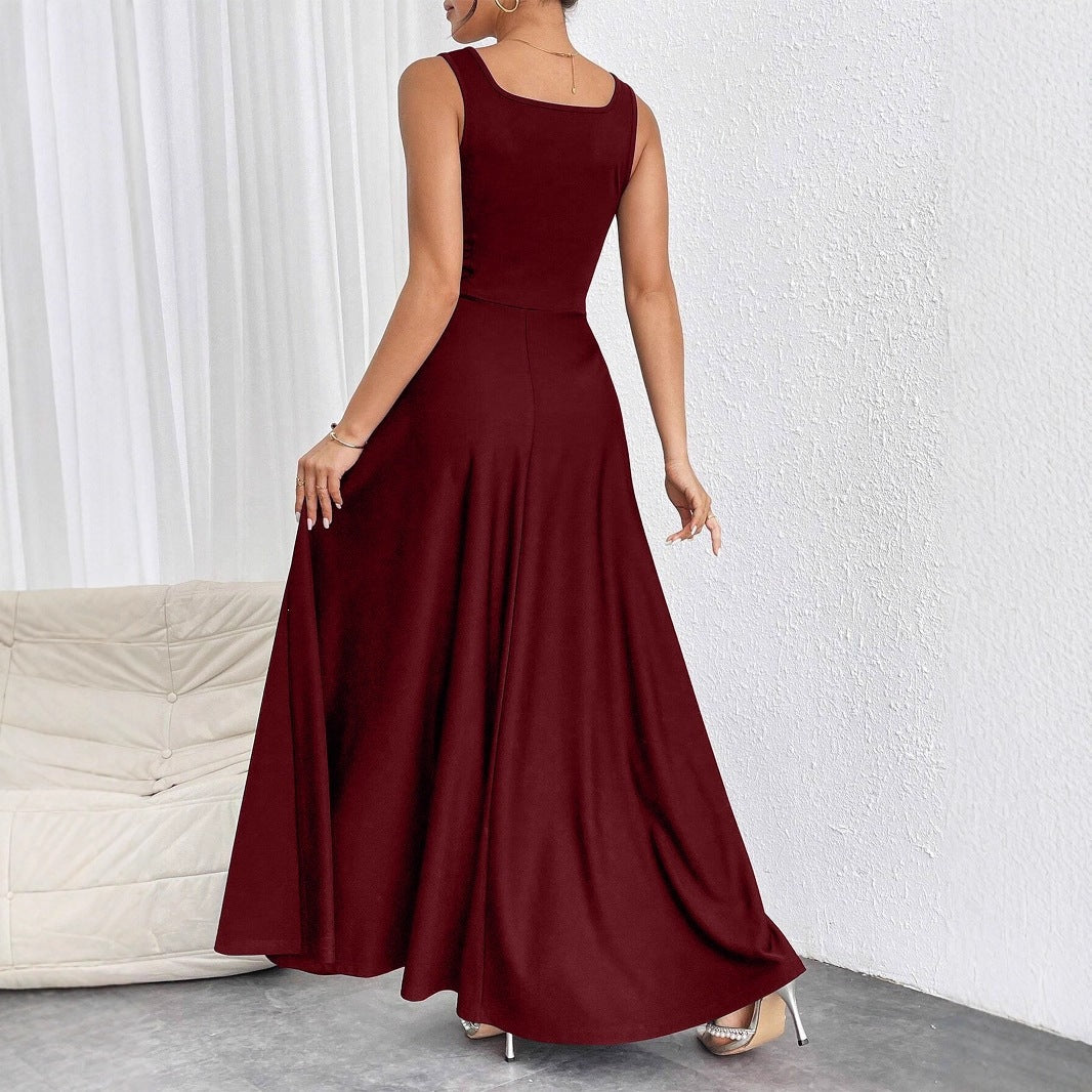 Women's square-neck sleeveless maxi dress in burgundy, back view with flared skirt