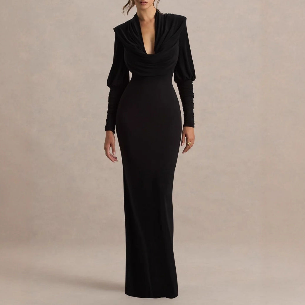 Black long-sleeve maxi dress with cowl neckline and draped waist, front view