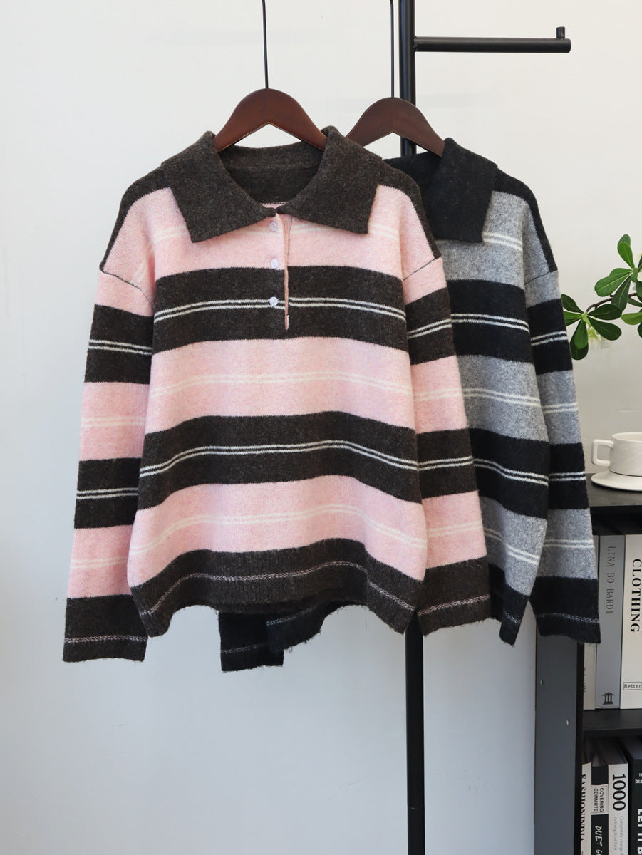 Women’s collared striped knit pullover, pink and black horizontal stripes, button placket.