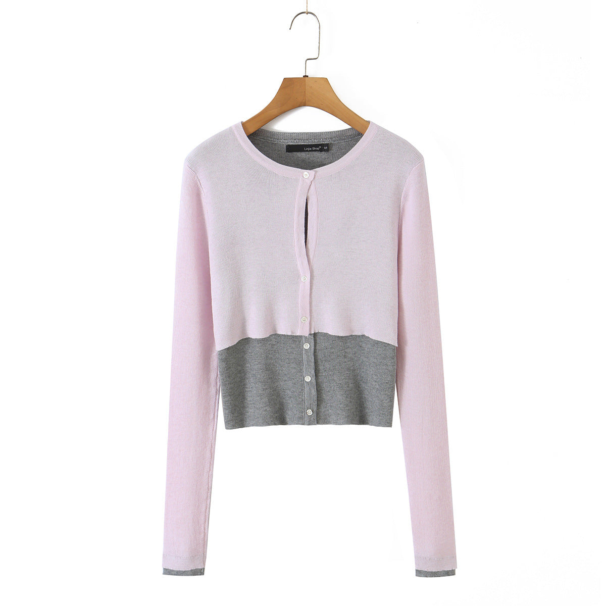 Light pink and gray color-block knit cardigan with button front, long sleeves