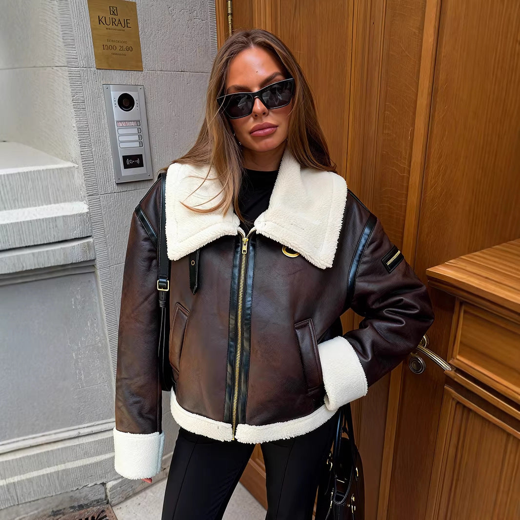 Women's suede-fur trimmed coat, dark brown with cream shearling trim, zip front and pockets