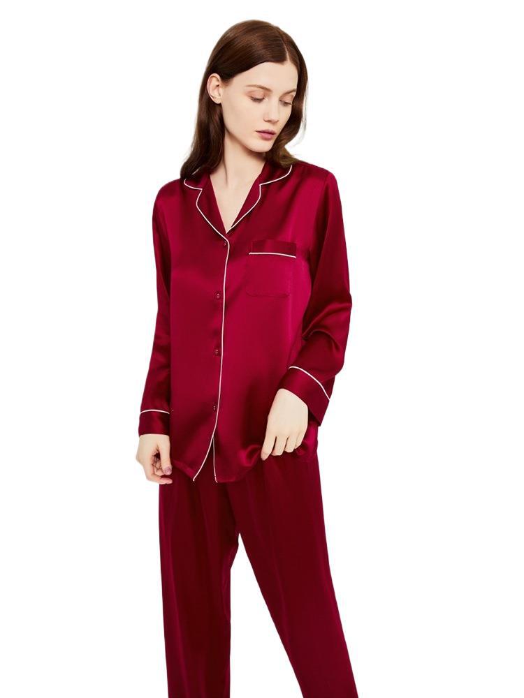 Wine red silk pajama set with piped button-up shirt and matching pants