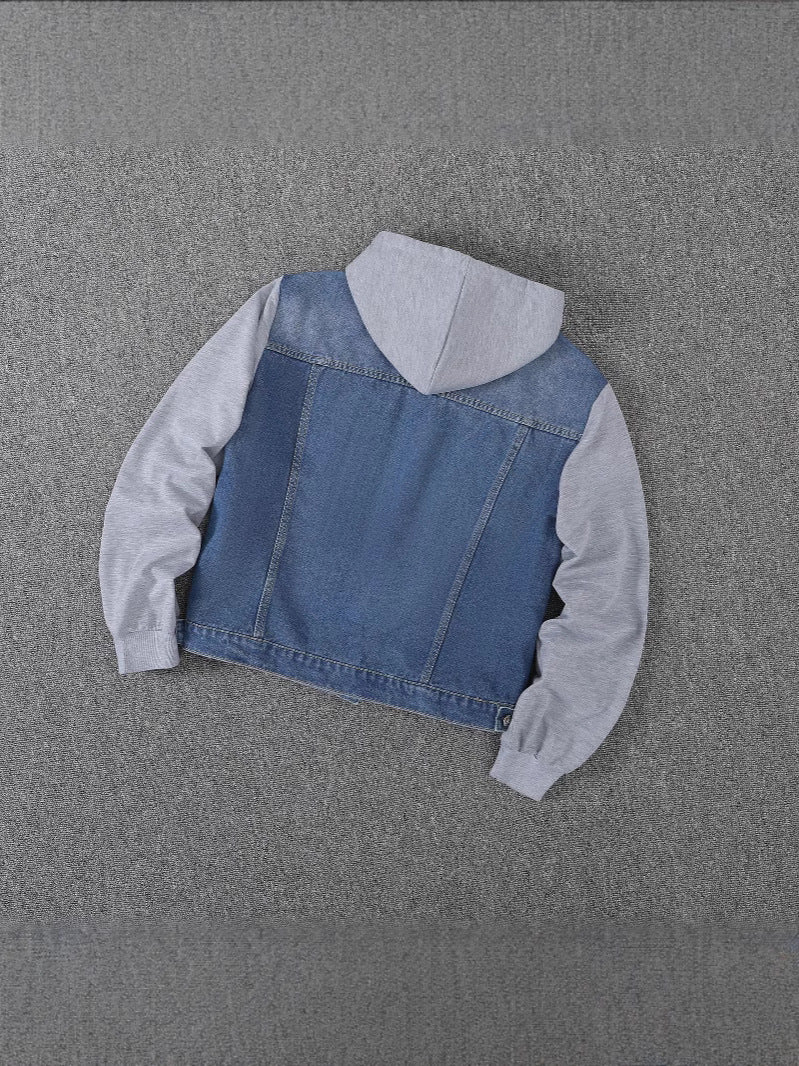 Women’s blue denim hooded jacket with gray sleeves, button front, back view