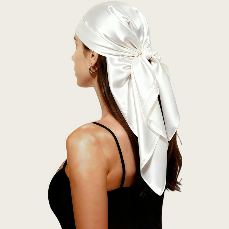 White silk square scarf with large bow knot and satin finish