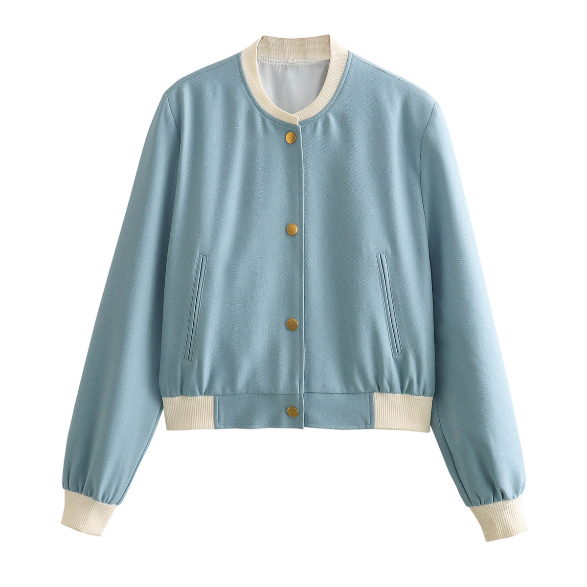 Women’s light blue bomber jacket with ribbed stand collar, button front, side pockets
