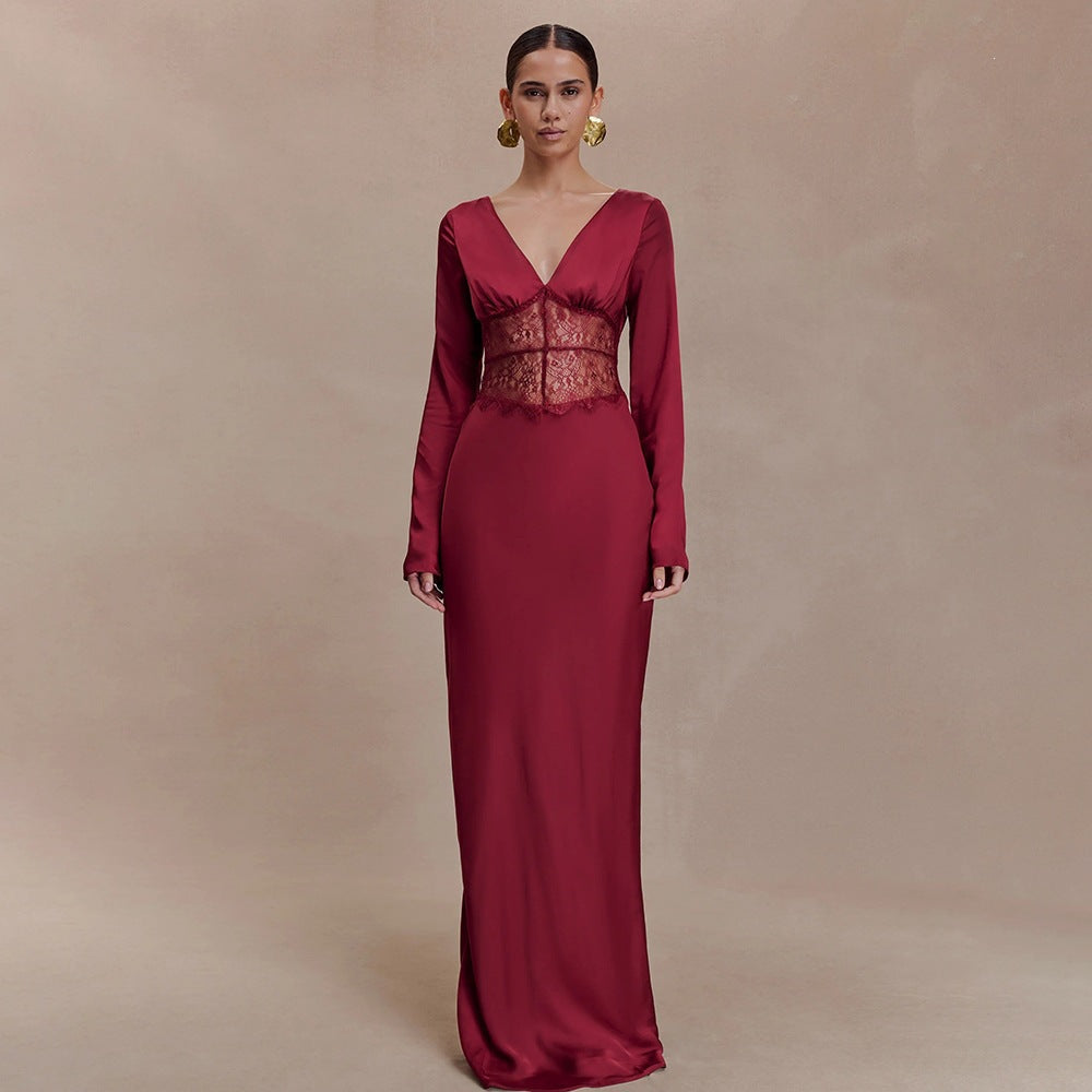 Satin Maxi Dress with Long Sleeves — Deep V Neck Evening Gown with Lace Waist