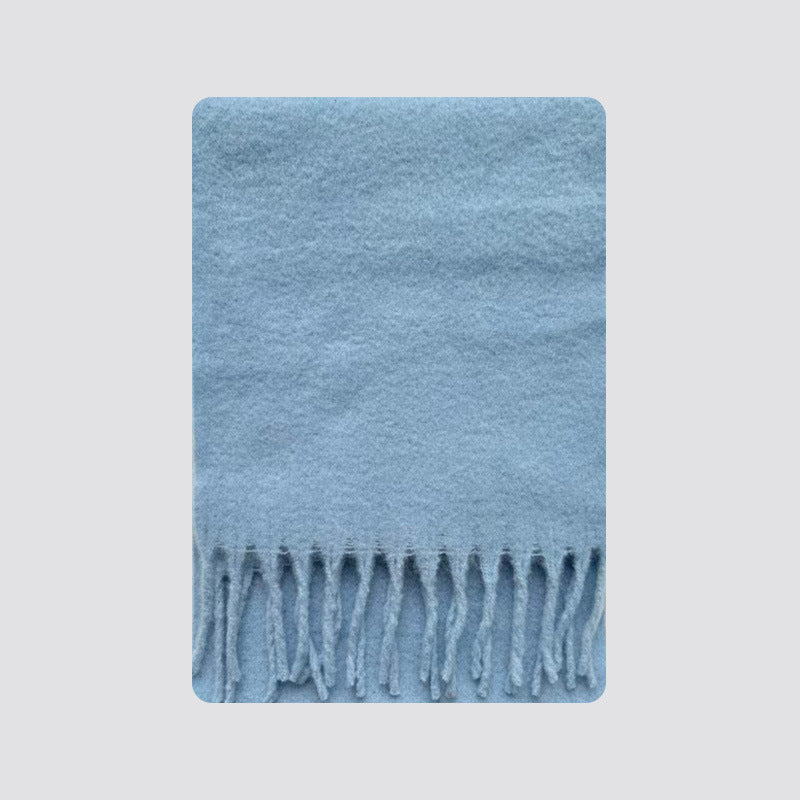 Light blue wool-blend scarf with long fringe ends