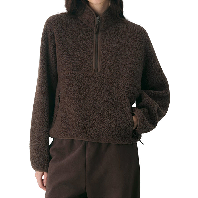 Women’s brown fleece quarter-zip pullover with front pocket and long sleeves