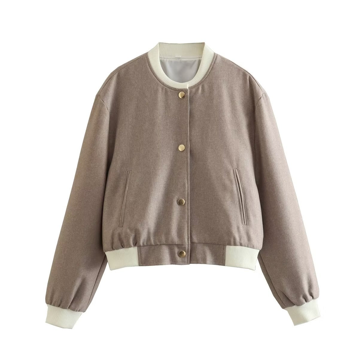 Women’s taupe bomber jacket with ribbed collar, button front, side pockets