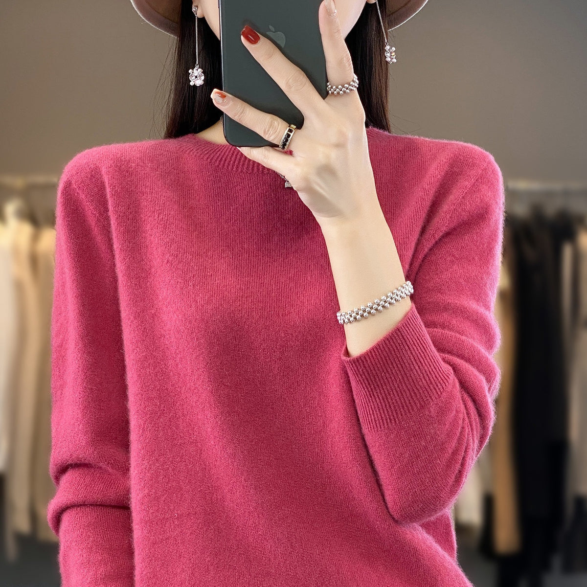 Women’s cashmere crew-neck pullover knit sweater, fuchsia pink
