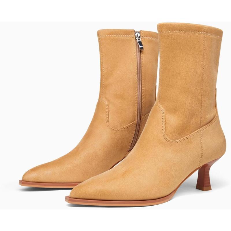 Pointed Toe Ankle Boots for Women — Kitten Heel Sock Fit with Side Zip in Faux Leather