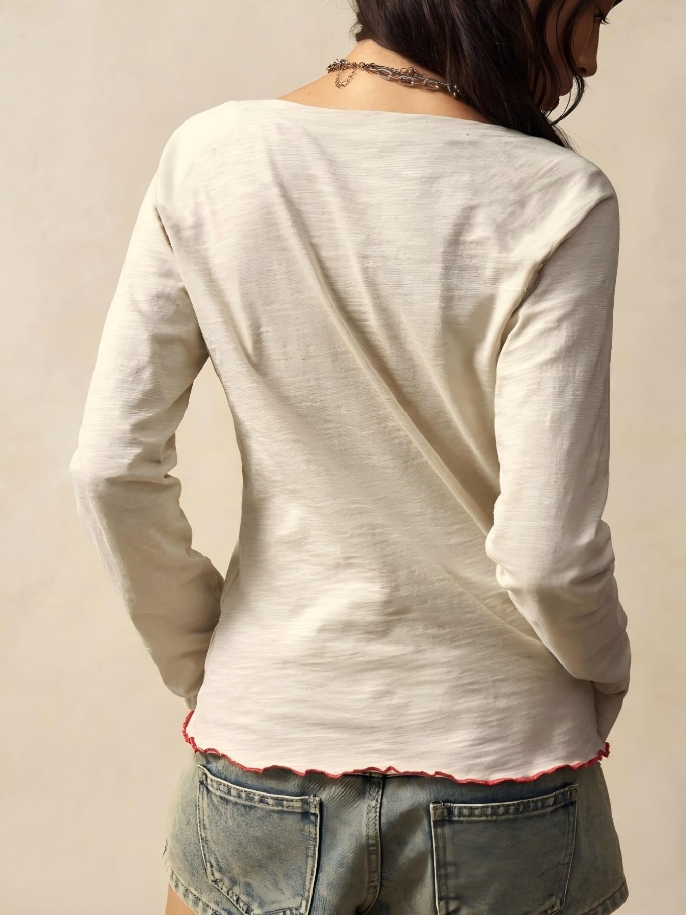 Embroidered Top for Women — Boho Floral Long Sleeve Tee in Soft Slub Cotton