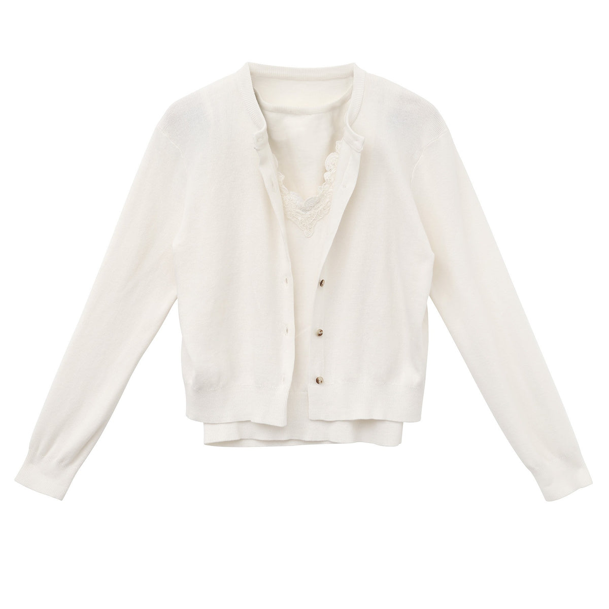 Cream knitted vest-coat with V-neck, button front, and open front layer