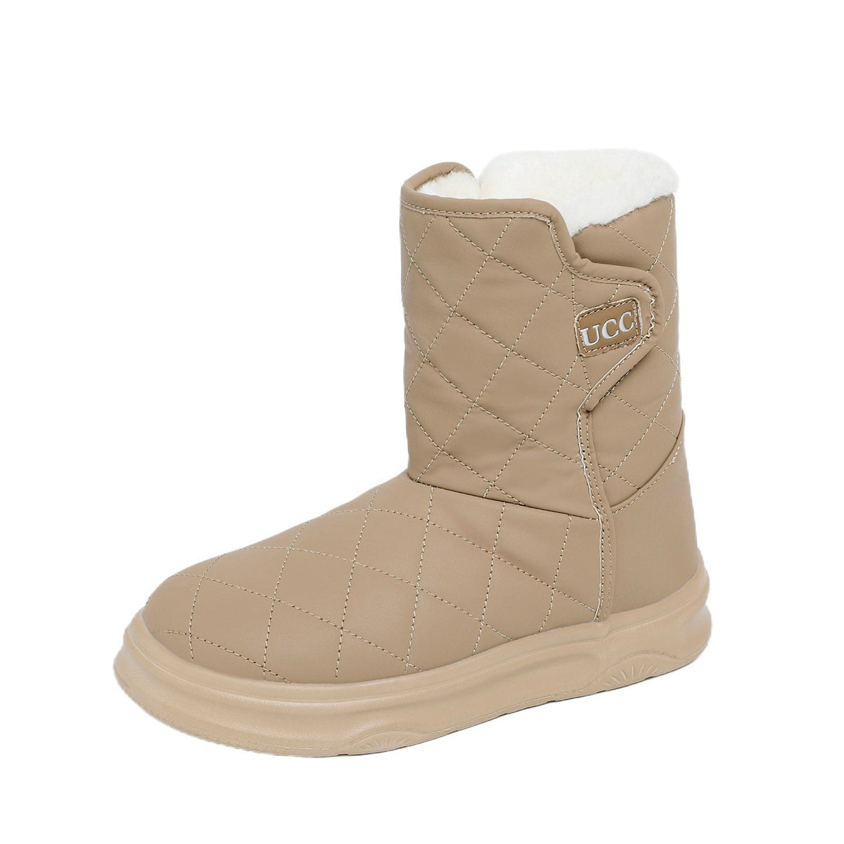 Women’s snow boots, tan quilt mid-calf with fleece collar and UCC side patch