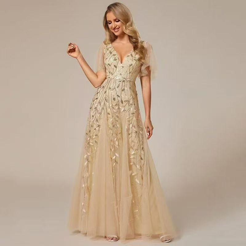Sequined mesh fishtail gown, champagne, V-neck short sleeves, embellished mesh fabric