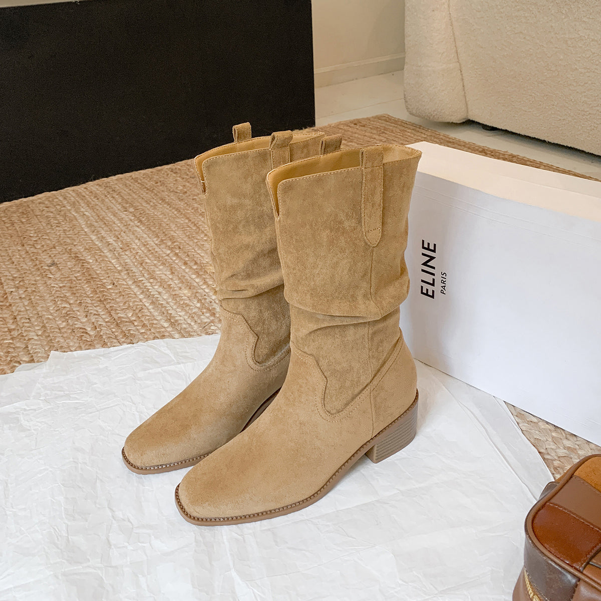 Women’s khaki suede-look ankle boots with pleated shaft and chunky block heel, pull-on