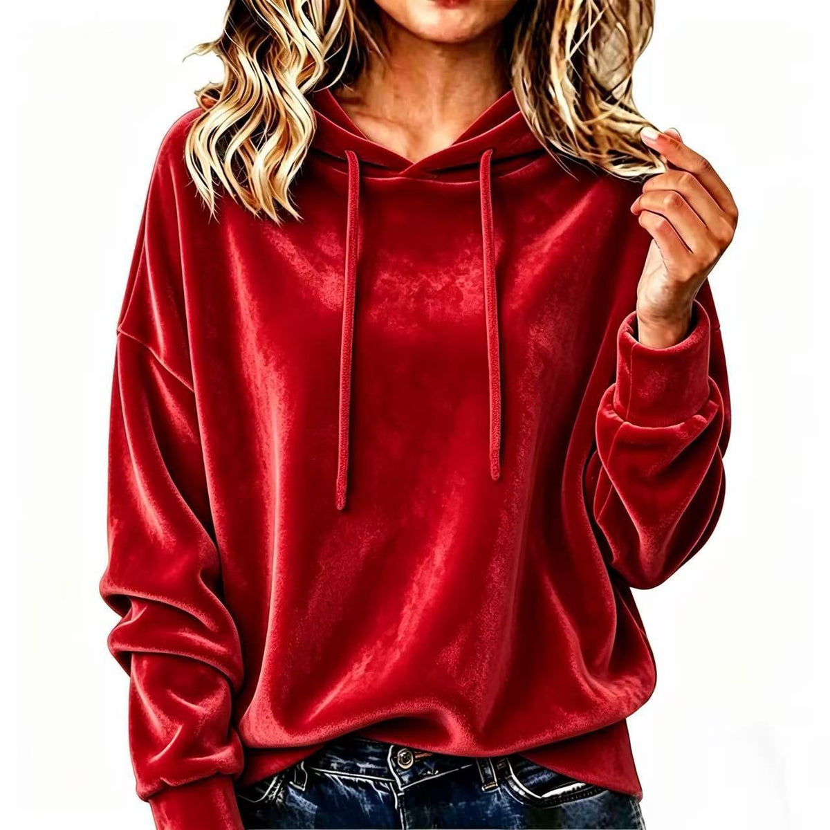 Women's corduroy hoodie with drawstring hood, long sleeves, red