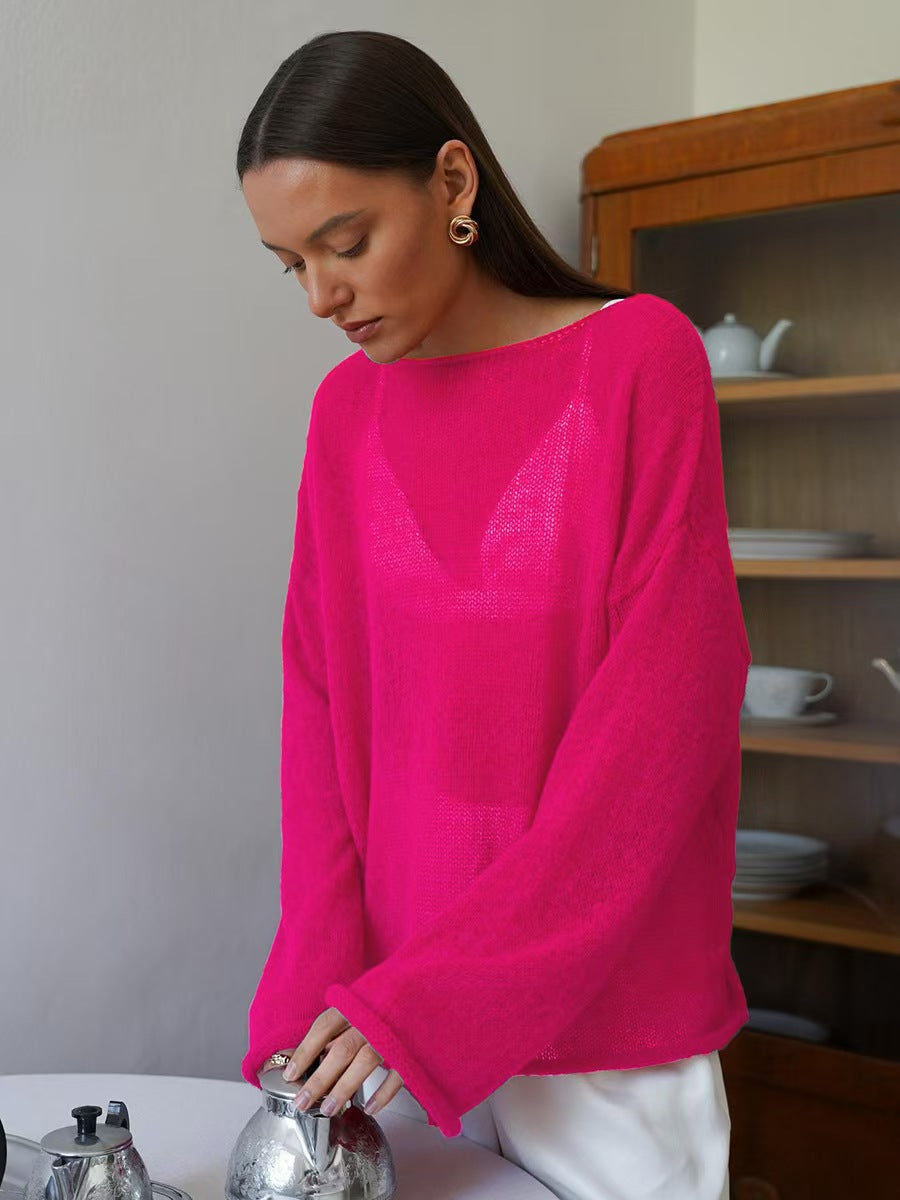 Women’s loose knit sweater, hot pink, round neck, long sleeves, sheer lightweight