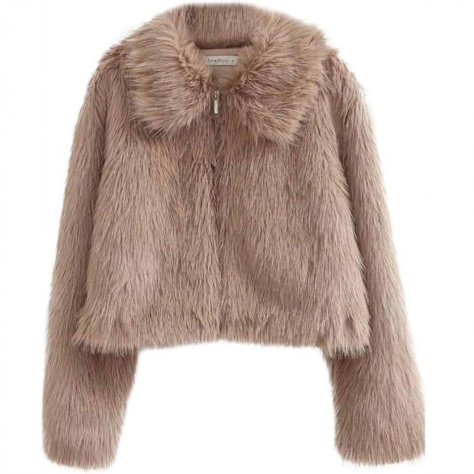 Women’s faux fur jacket, long sleeves, zip front, taupe shaggy, stand collar