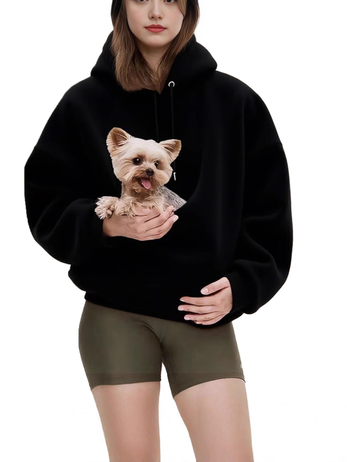 Black hooded plush sweatshirt with front pouch pocket and dog, loose fit