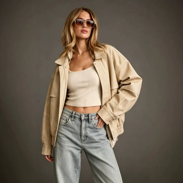 Light beige PU jacket with stand collar, loose fit, elastic cuffs, moto style